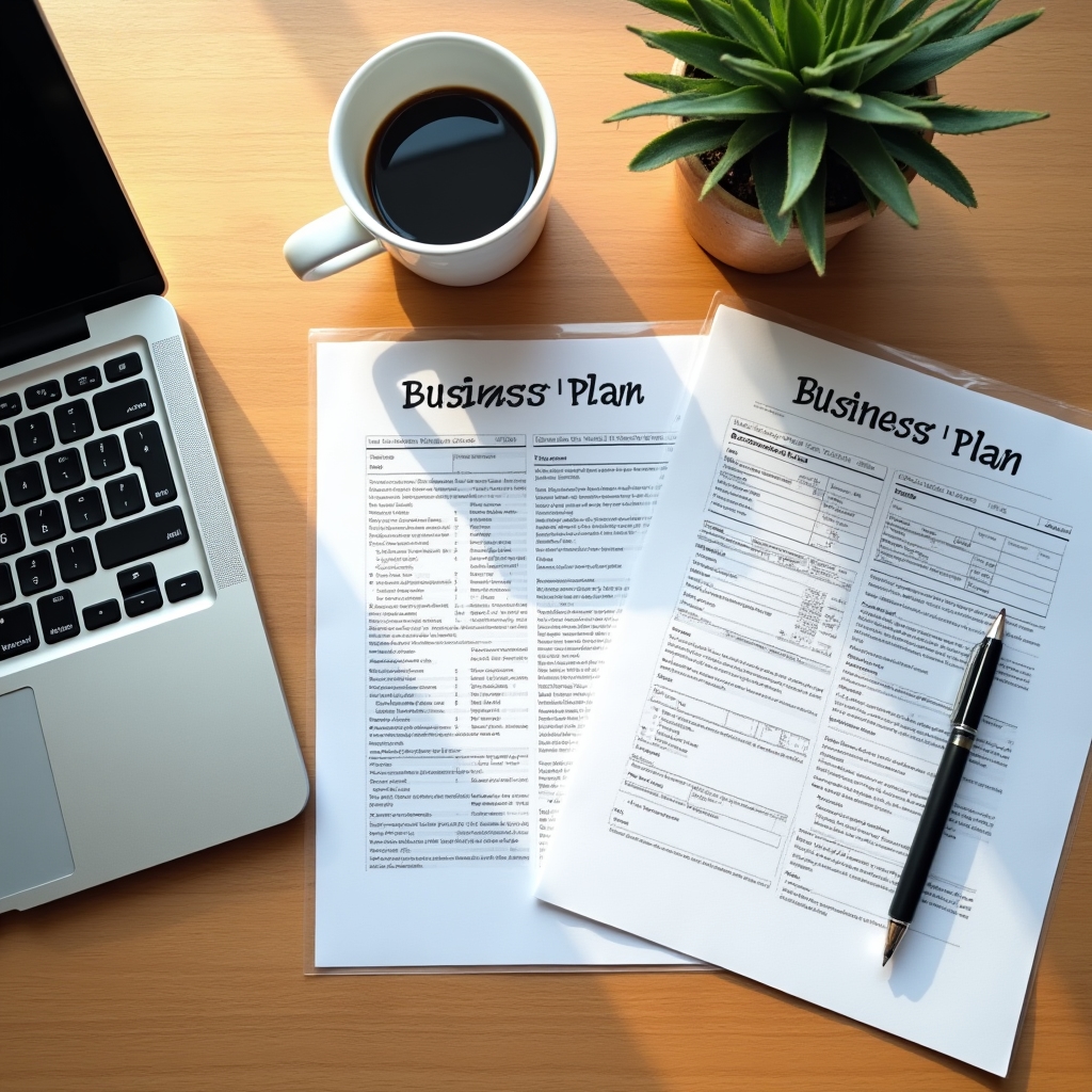 Business planning module workspace with documents and laptop