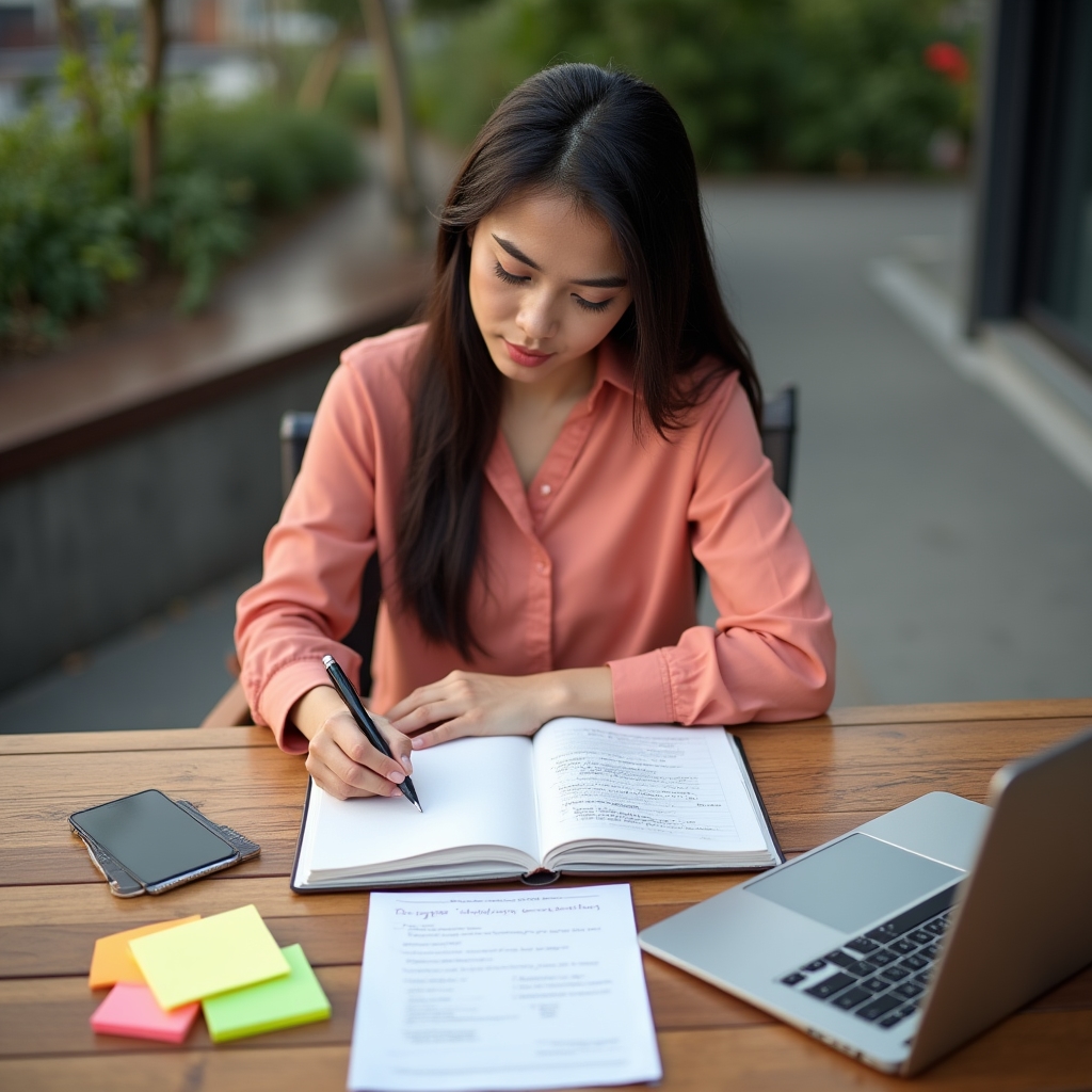 Entrepreneur writing notes and planning during a coaching preparation session outdoors