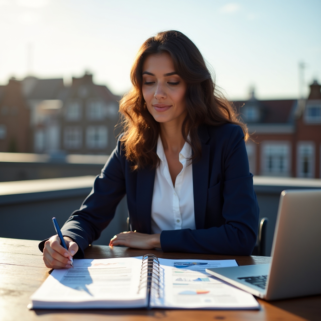 Young entrepreneur planning business strategy at a rooftop workspace
