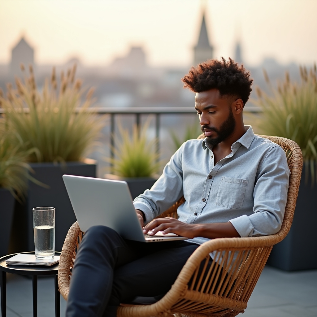 Freelancer working on laptop at an outdoor professional terrace