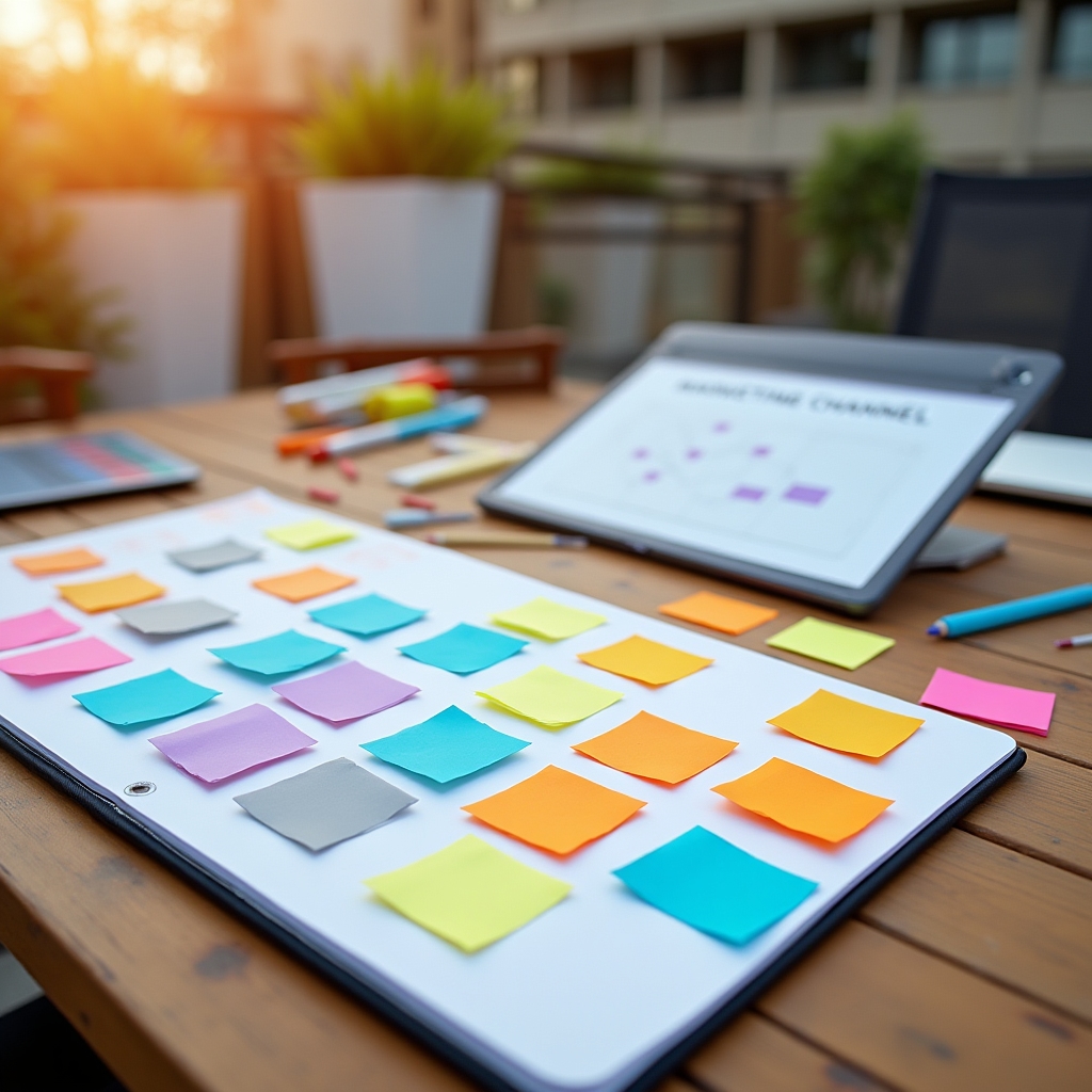 Marketing strategy workspace with sticky notes and planning materials
